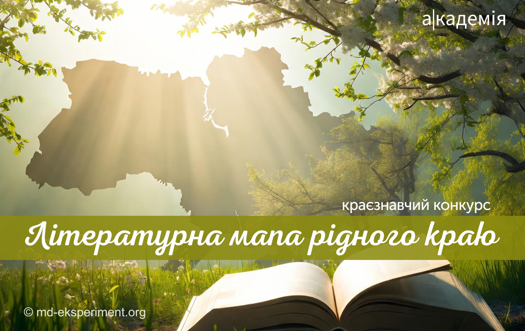 Фотографія карта України в сонячному промінні, дерево, розкрита книга